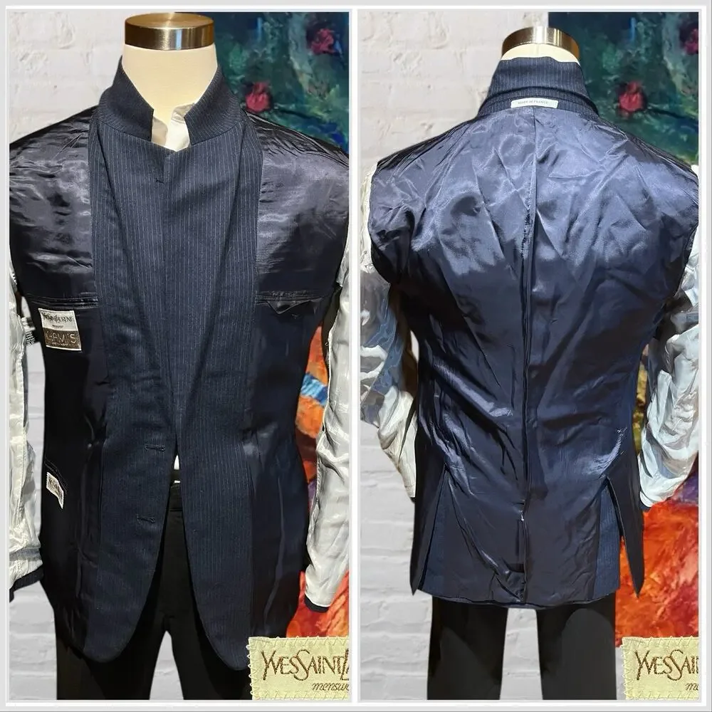 Vtg Yves Saint Laurent France 40L Navy Blue Tonal Stripe Flannel Blazer